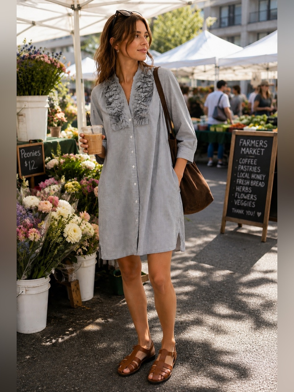 LOFT Cottagecore Ruffle Front Striped Shirt Cotton Dress with Pockets
